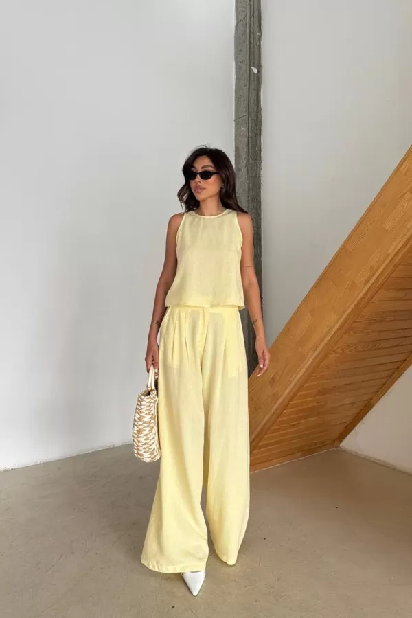 Sarı Pamuk Keten Kadın Alt Üst Takım
