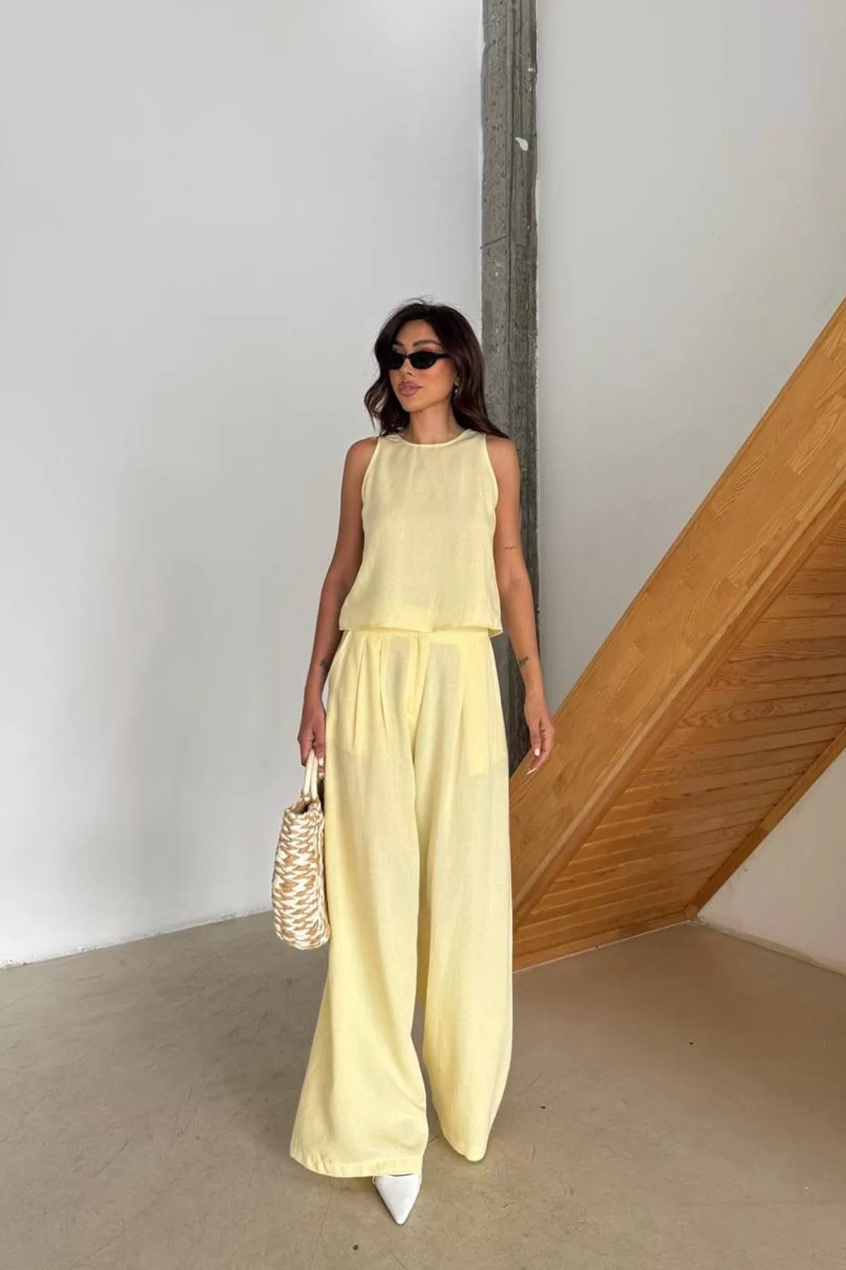 Sarı Pamuk Keten Kadın Alt Üst Takım