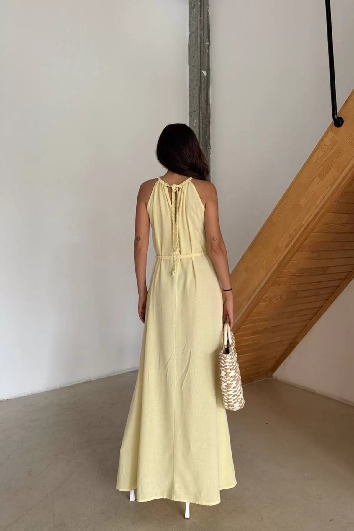 Sarı Pamuk Keten Yırtmaçlı Maksi Boy Elbise