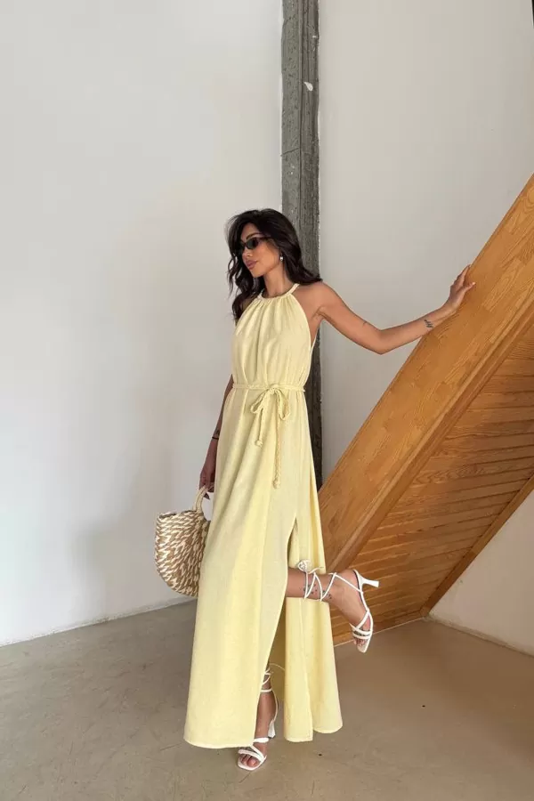 Sarı Pamuk Keten Yırtmaçlı Maksi Boy Elbise