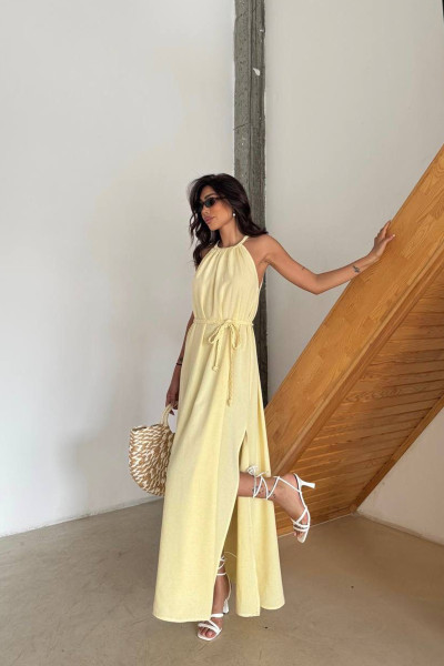 Sarı Pamuk Keten Yırtmaçlı Maksi Boy Elbise