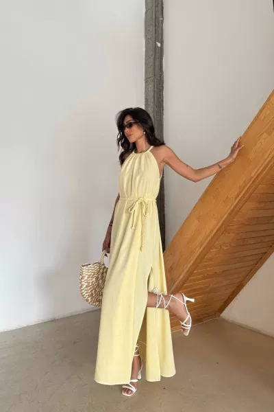 Sarı Pamuk Keten Yırtmaçlı Maksi Boy Elbise