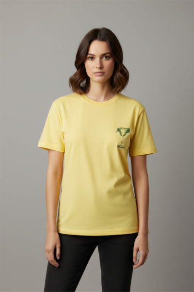 Sarı Pamuklu Baskılı Kadın Tişört