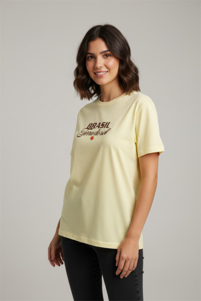 Sarı Pamuklu Baskılı Kadın Tişört