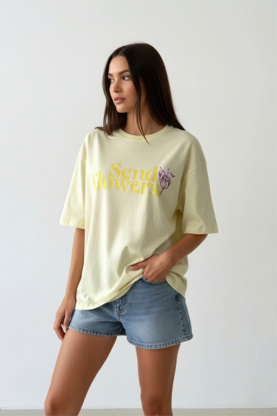 Sarı Pamuklu Baskılı Oversize Kadın Tişört