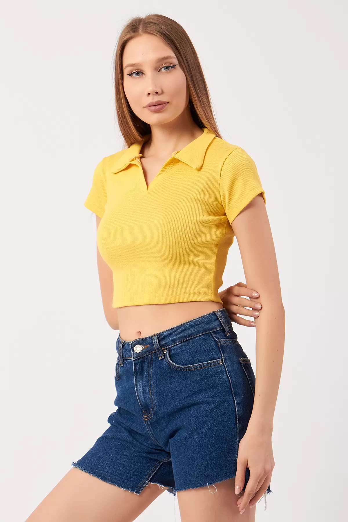 Sarı Pamuklu Kaşkorse Crop Bluz