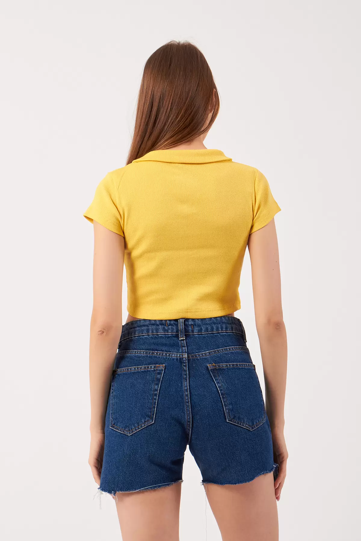 Sarı Pamuklu Kaşkorse Crop Bluz