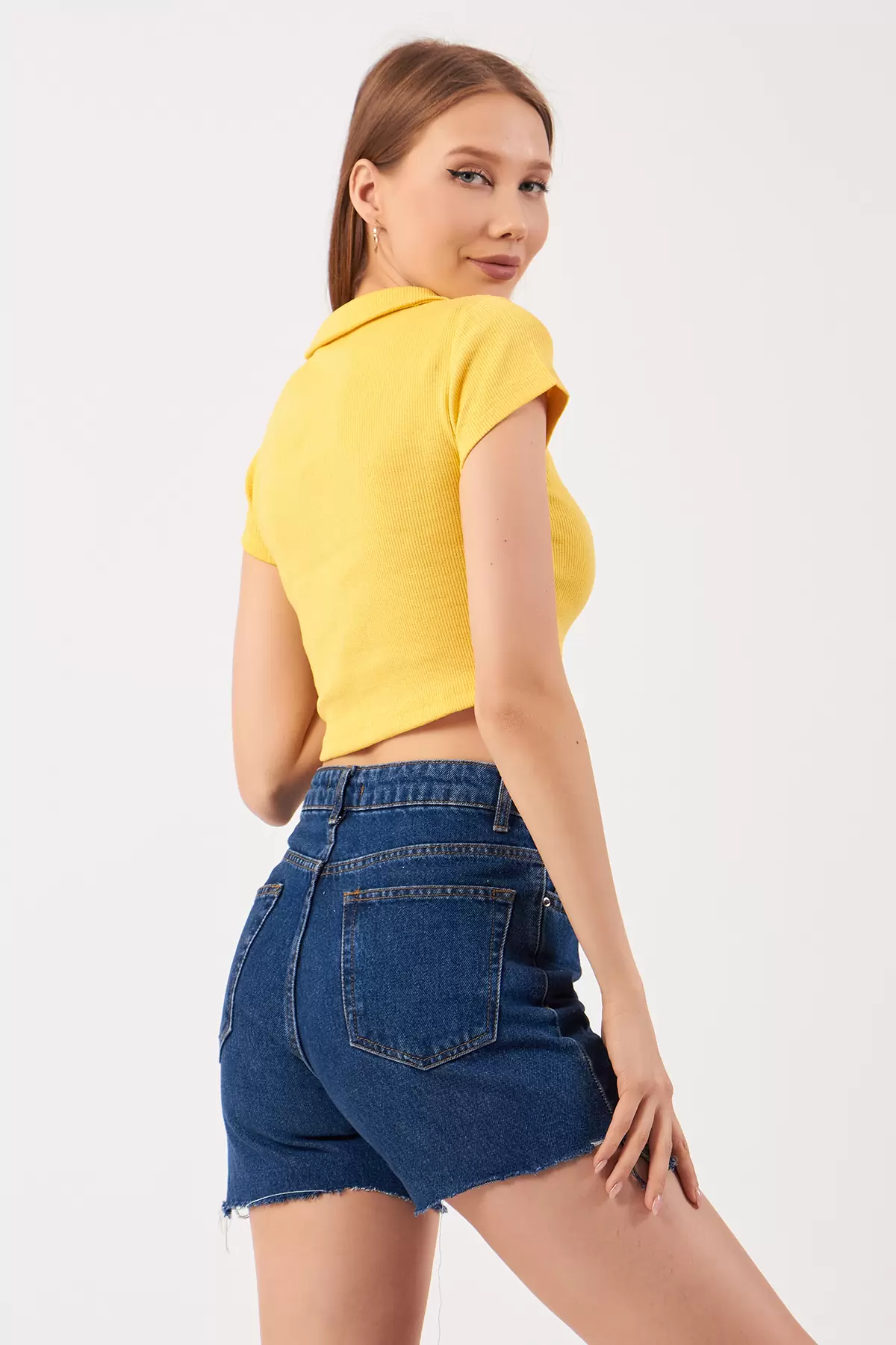 Sarı Pamuklu Kaşkorse Crop Bluz