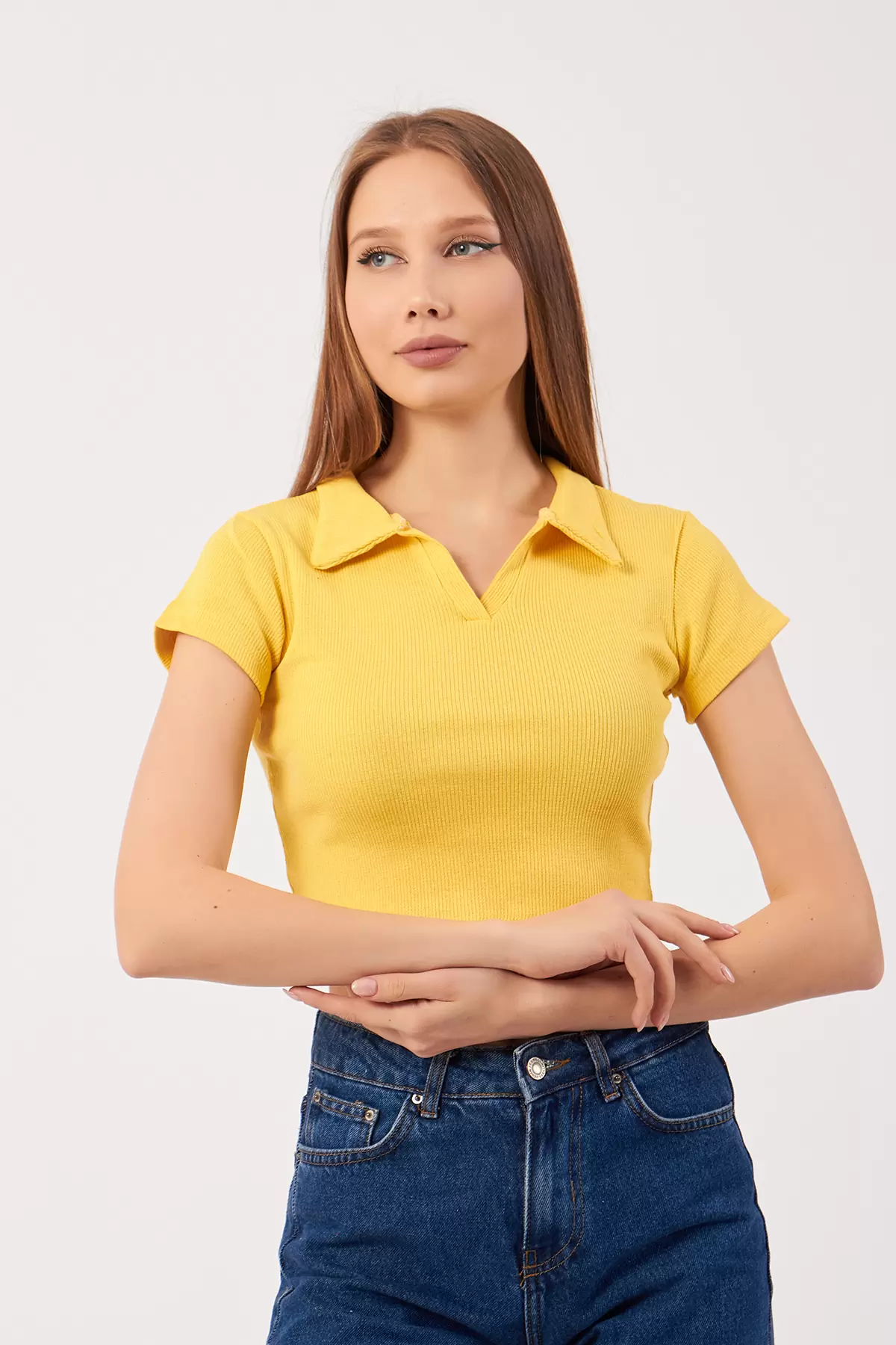 Sarı Pamuklu Kaşkorse Crop Bluz