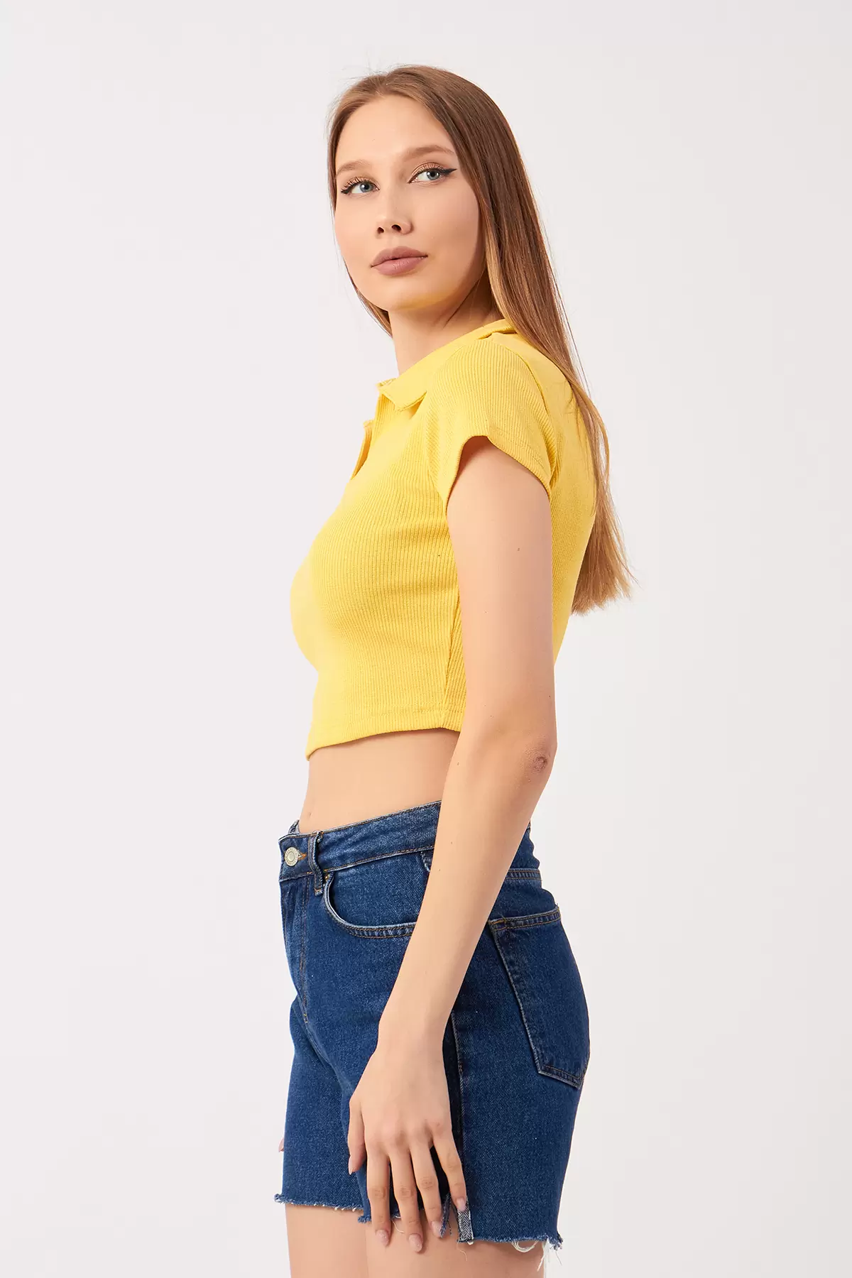 Sarı Pamuklu Kaşkorse Crop Bluz