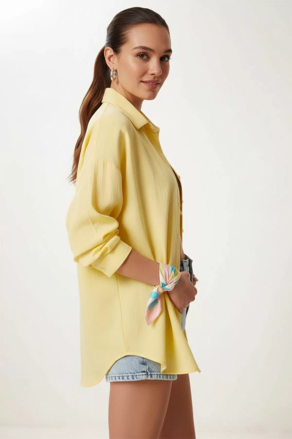 Sarı Pamuklu Müslin Kumaş Kadın Gömlek