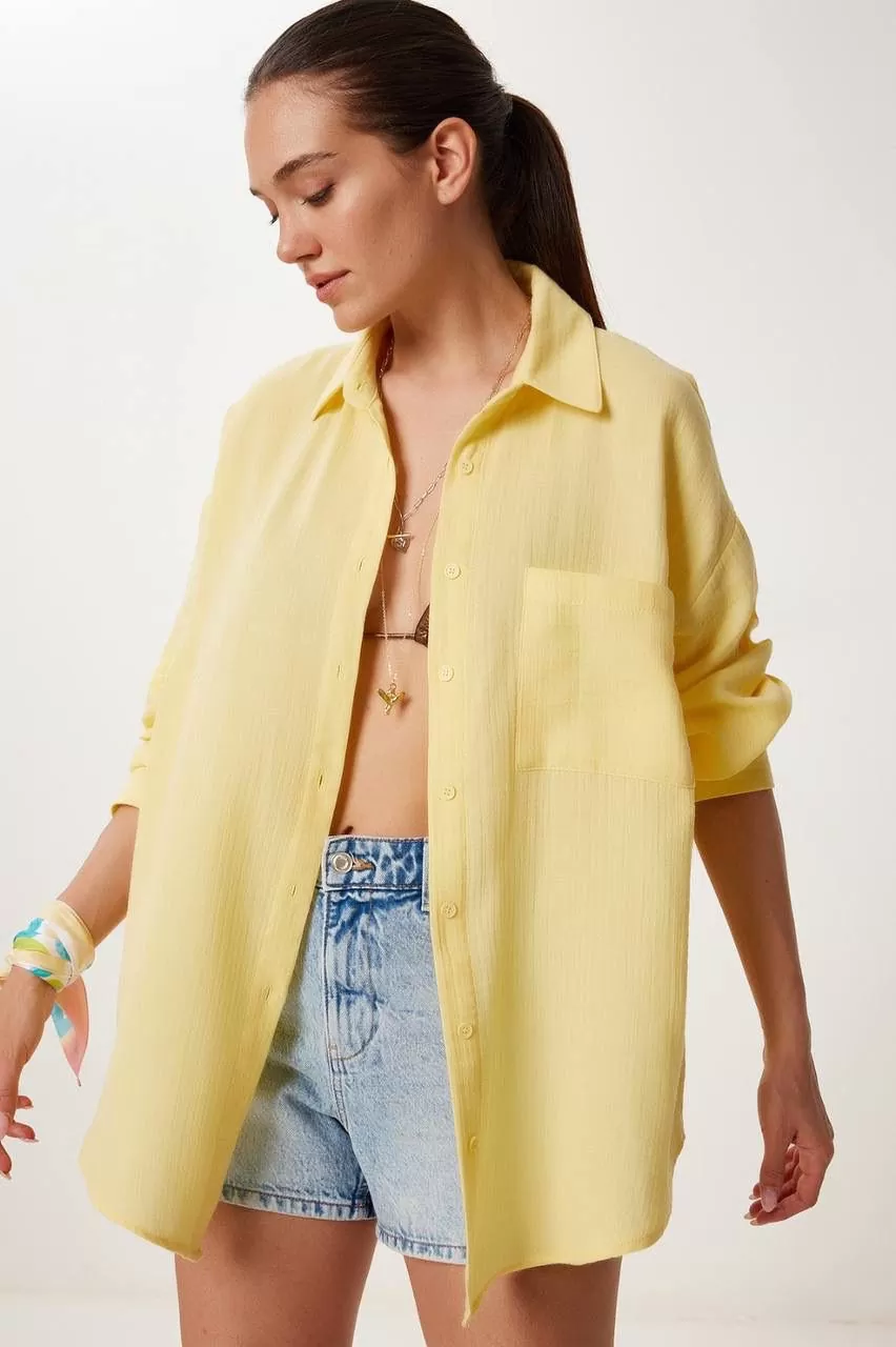 Sarı Pamuklu Müslin Kumaş Kadın Gömlek