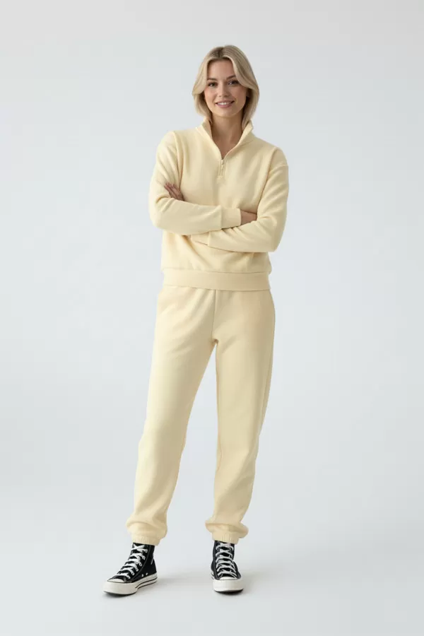 Sarı Pamuklu Üç İplik Şardonlu Kadın Eşofman Takımı