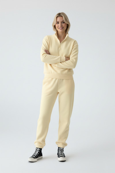 Sarı Pamuklu Üç İplik Şardonlu Kadın Eşofman Takımı