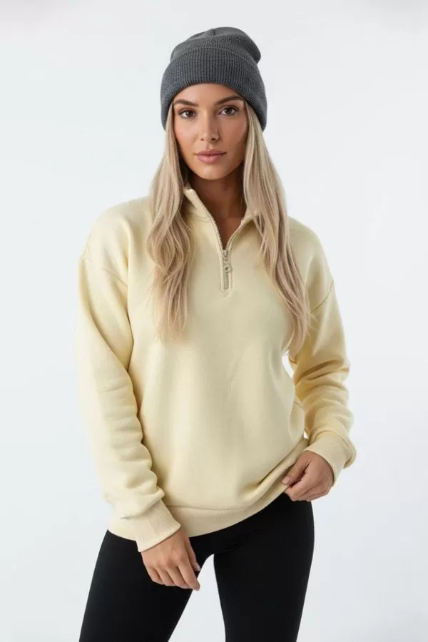 Sarı Pamuklu Üç İplik Şardonlu Kadın Sweatshirt