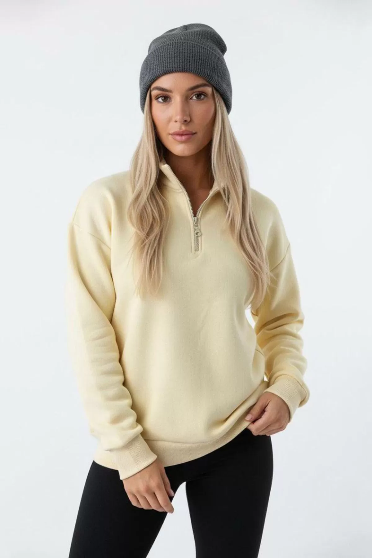 Sarı Pamuklu Üç İplik Şardonlu Kadın Sweatshirt