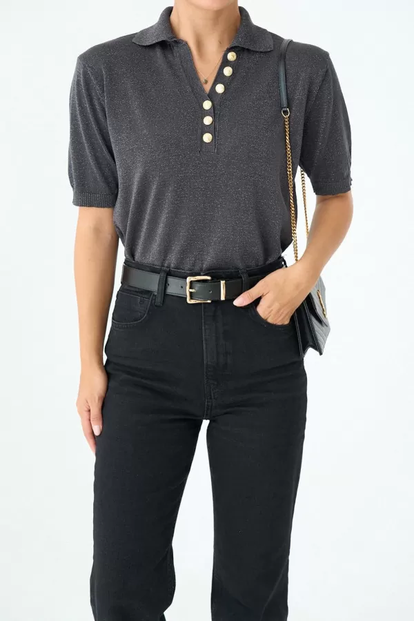 Simli Antrasit Triko Polo Yaka Kadın Bluz