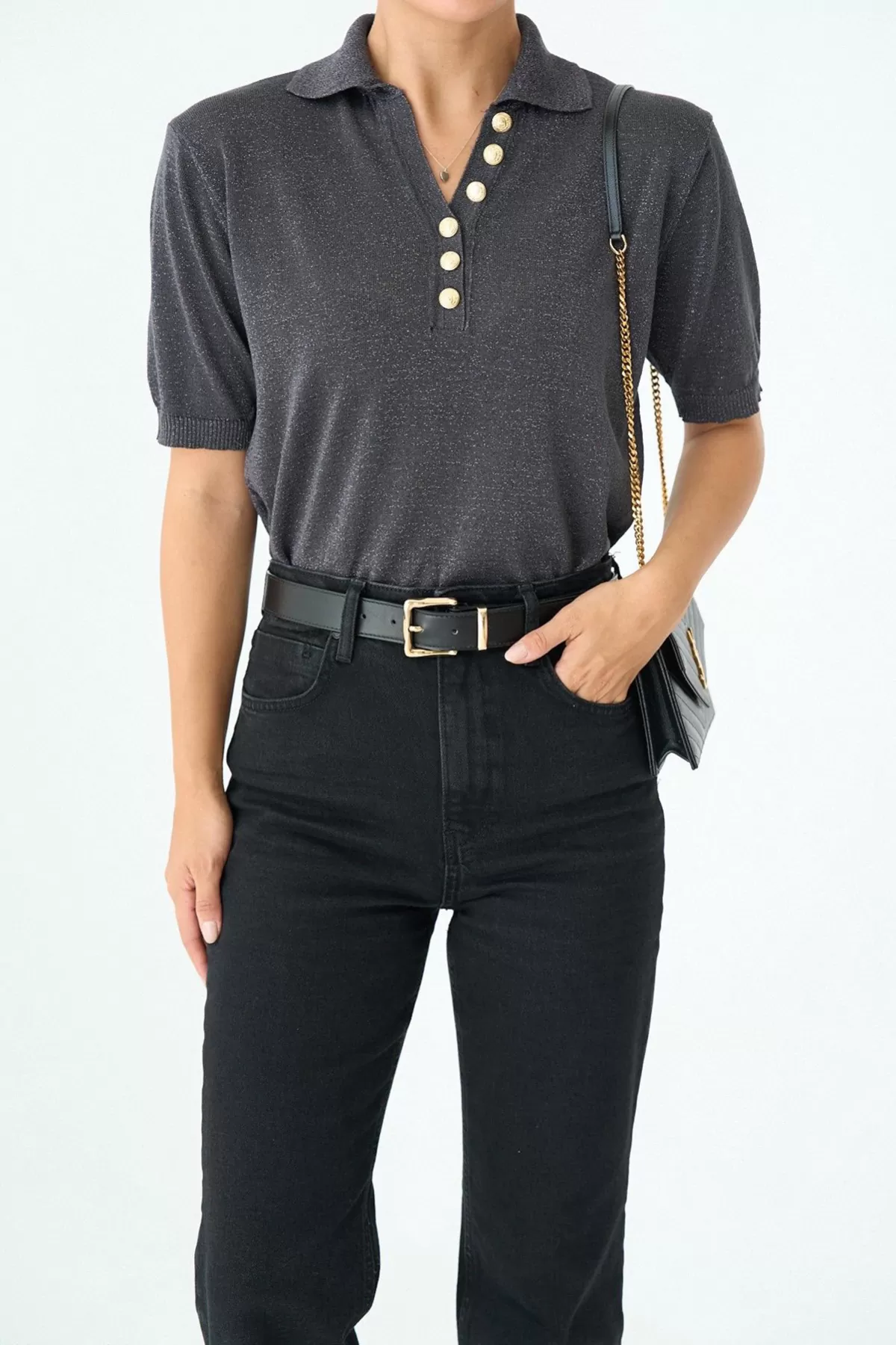 Simli Antrasit Triko Polo Yaka Kadın Bluz