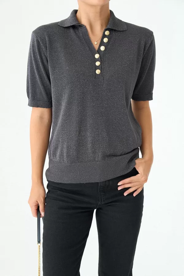 Simli Antrasit Triko Polo Yaka Kadın Bluz