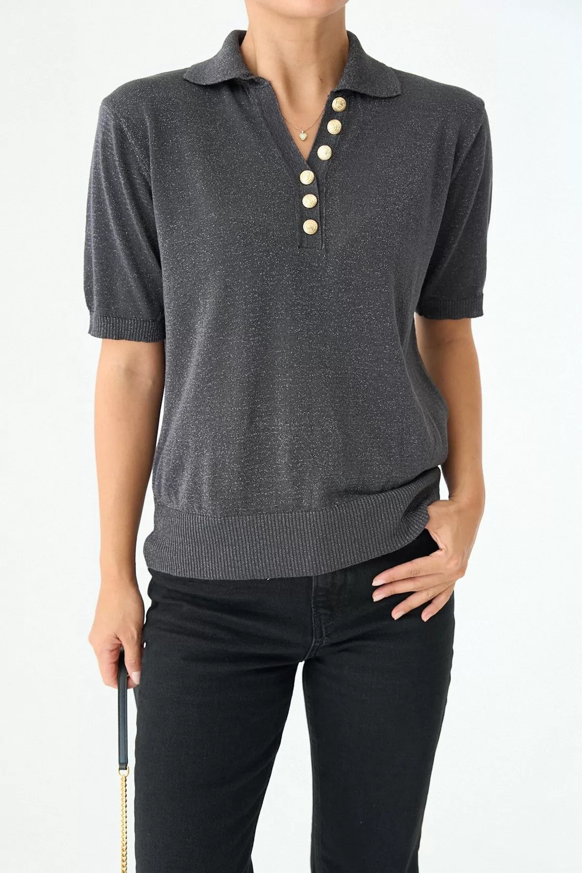 Simli Antrasit Triko Polo Yaka Kadın Bluz