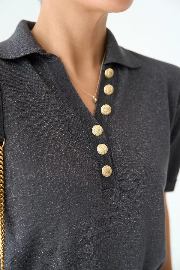 Simli Antrasit Triko Polo Yaka Kadın Bluz