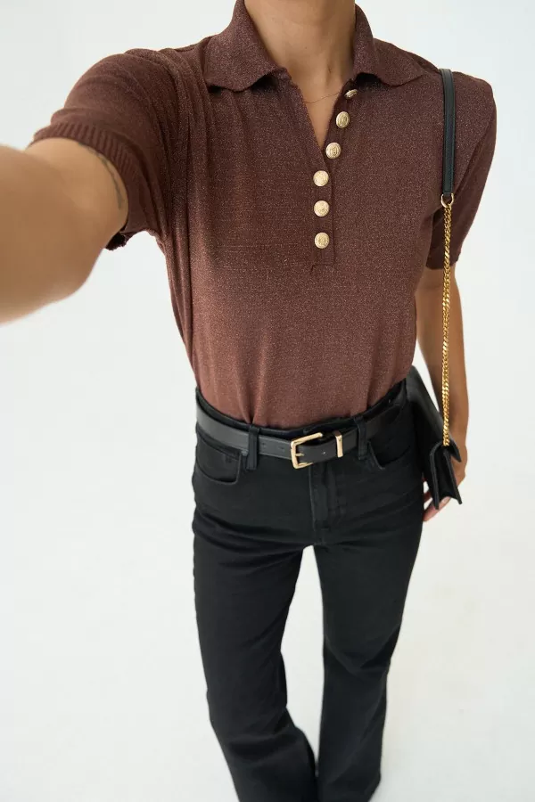 Simli Kahverengi Triko Polo Yaka Kadın Bluz