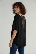 Sırtı Dantel Detaylı Siyah Oversize Kadın Tişört