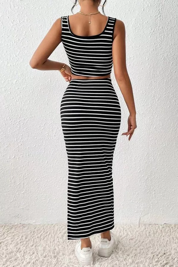 Siyah Beyaz Çizgili Etek Bluz Alt Üst Takım