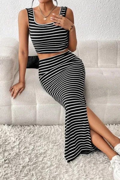 Siyah Beyaz Çizgili Etek Bluz Alt Üst Takım