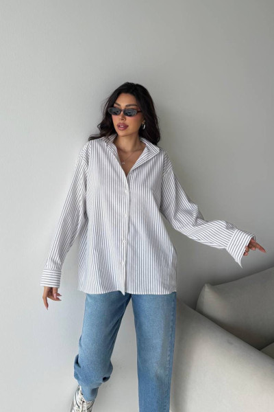 Siyah Beyaz Çizgili Oversize Poplin Kadın Gömlek