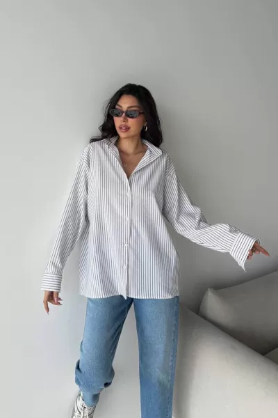 Siyah Beyaz Çizgili Oversize Poplin Kadın Gömlek