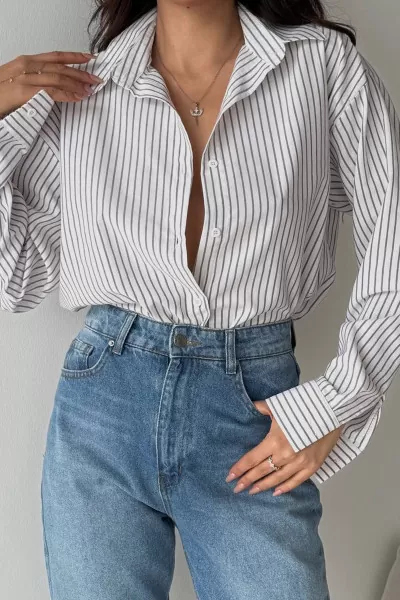 Siyah Beyaz Çizgili Oversize Poplin Gömlek