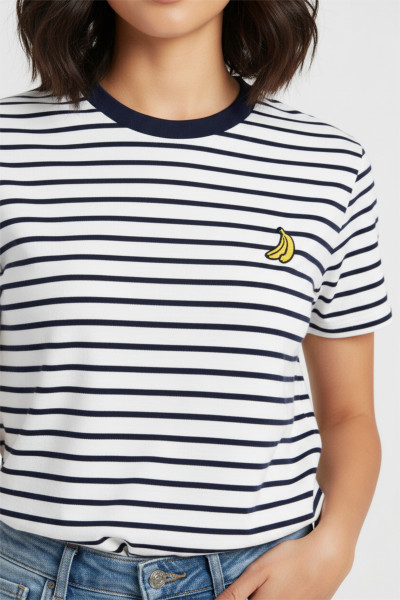 Siyah Beyaz Çizgili Pamuklu Nakışlı Kadın Tişört