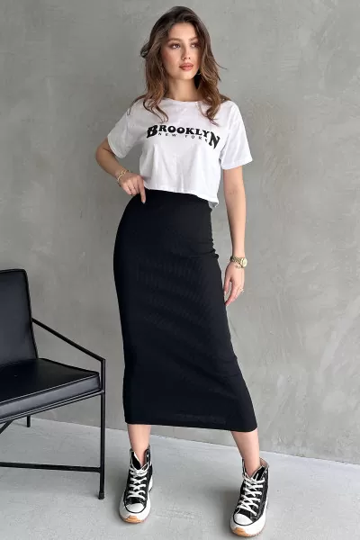 Siyah Beyaz Etek Crop Bluz İkili Takım