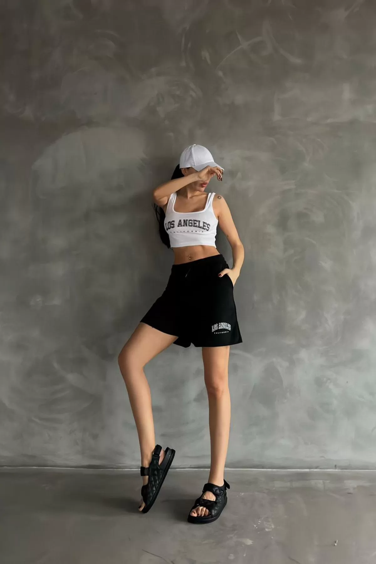 Siyah Beyaz Şort Crop Kadın Alt Üst Takım