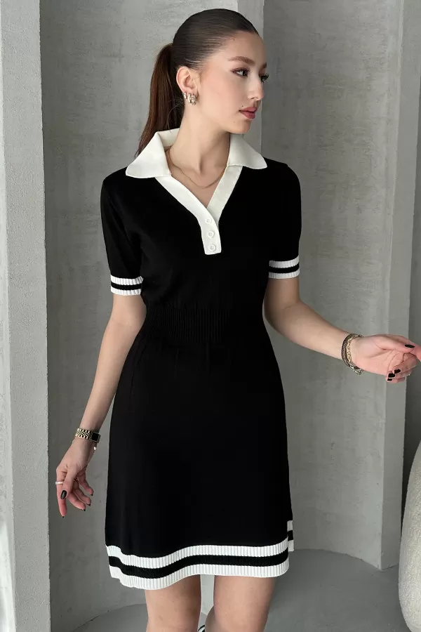 Siyah Beyaz Triko Gömlek Yaka Kısa Elbise