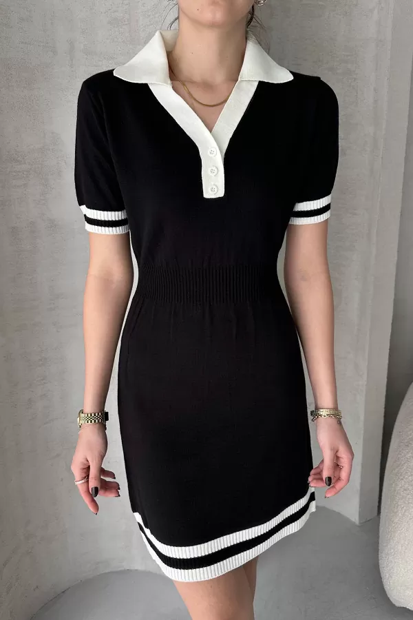 Siyah Beyaz Triko Gömlek Yaka Kısa Elbise