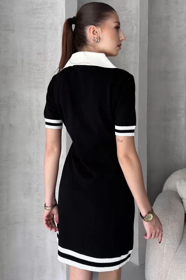 Siyah Beyaz Triko Gömlek Yaka Kısa Elbise