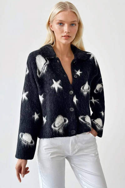 Siyah Beyaz Uzay Desenli Kadın Triko Hırka