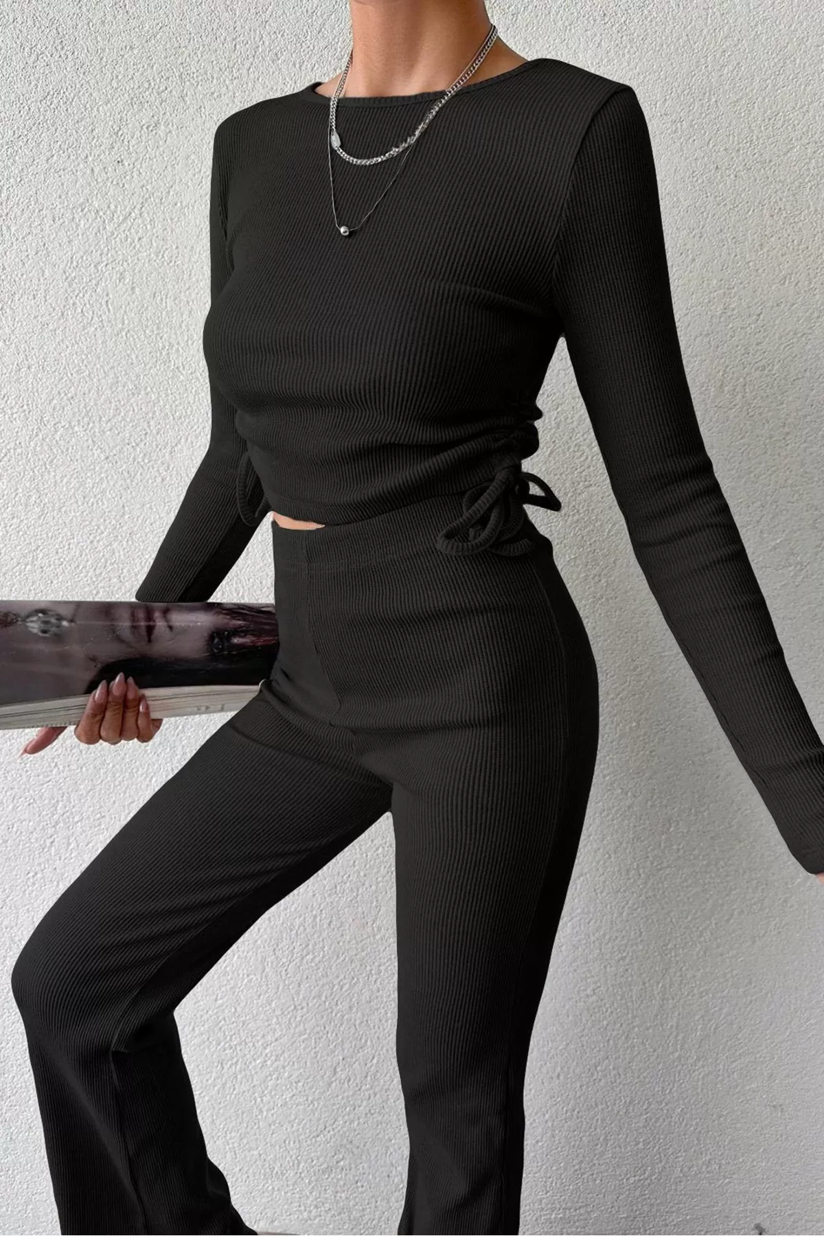 Siyah Bisiklet Yaka Bluz Pantolon Kadın Alt Üst Takım