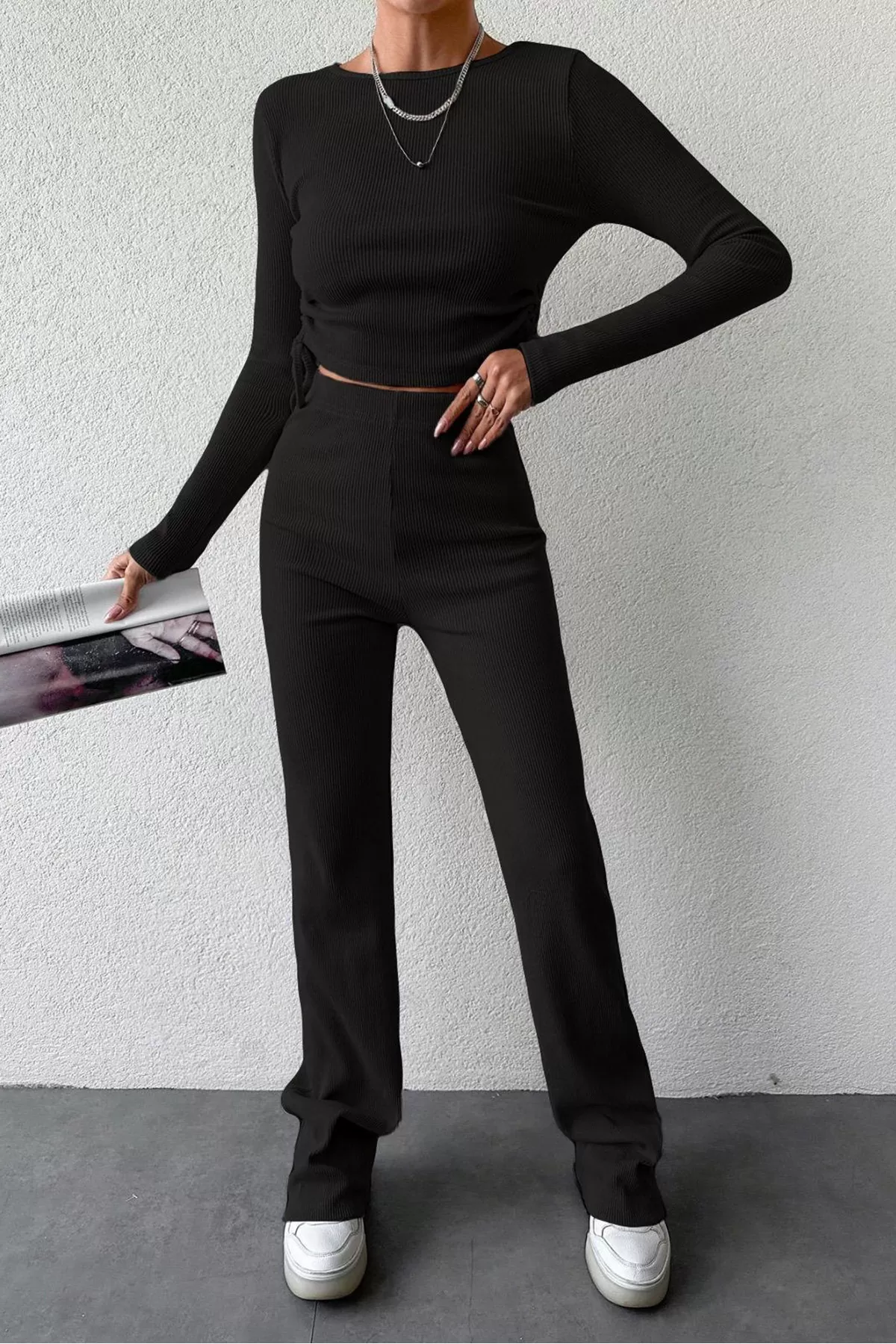 Siyah Bisiklet Yaka Bluz Pantolon Kadın Alt Üst Takım