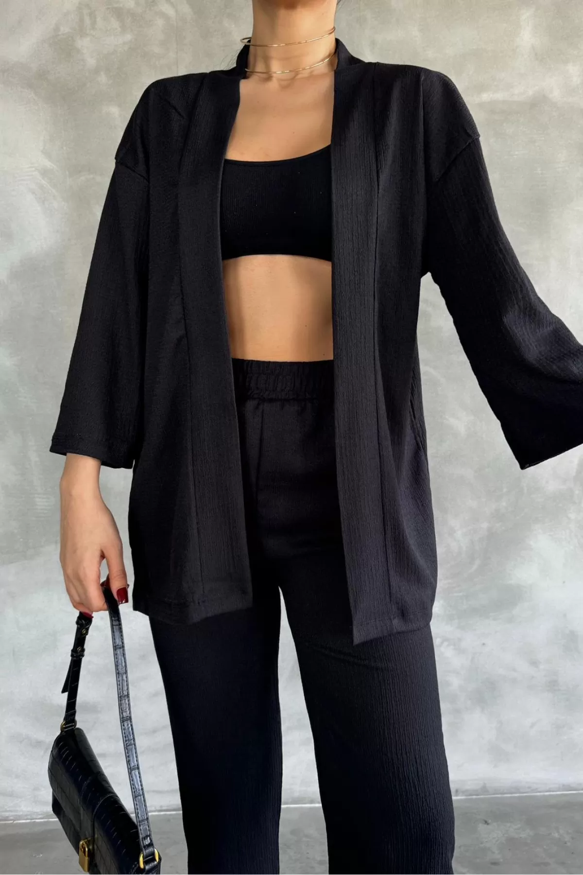 Siyah Bürümcük Kumaş Kadın Alt Üst Takım