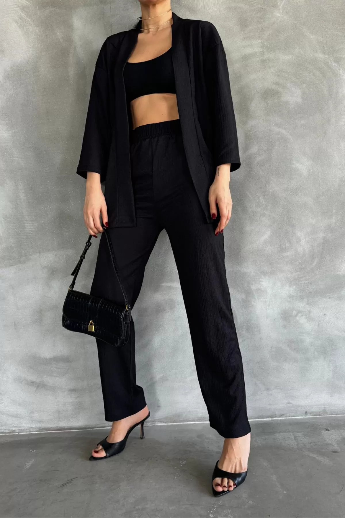 Siyah Bürümcük Kumaş Kadın Alt Üst Takım