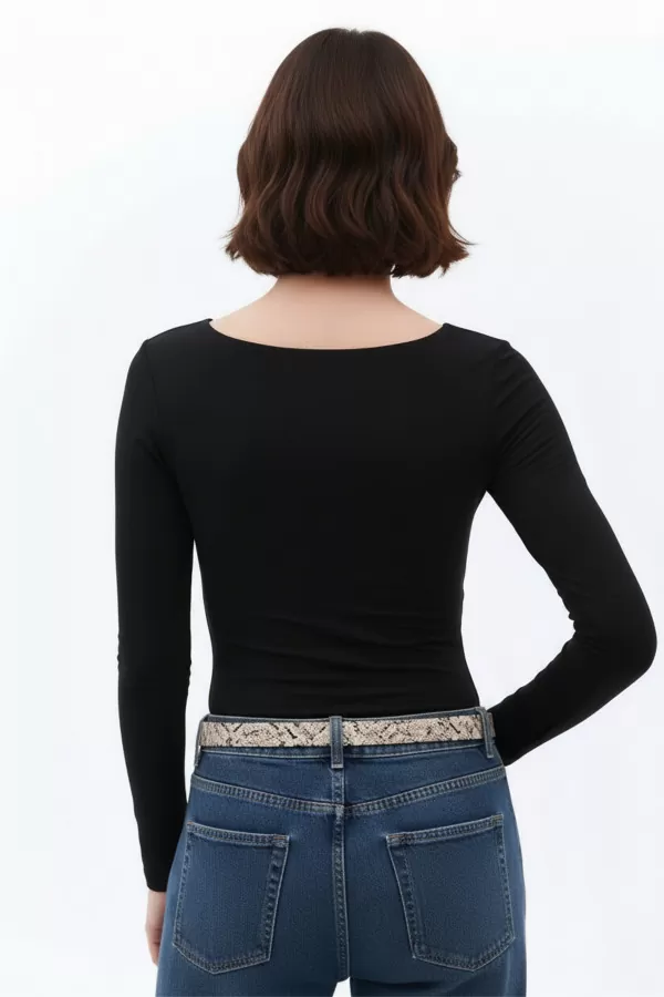 Siyah Buzzy Kumaş Kare Yaka Body