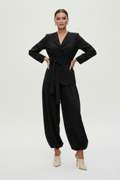 Siyah Ceket Bluz Şalvar Pantolon Alt Üst Takım