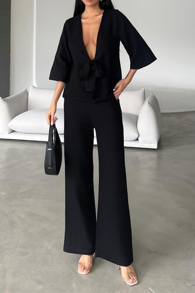 Siyah Çift Taraflı Keten Gömlek Pantolon Takım