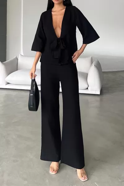 Siyah Çift Taraflı Keten Gömlek Pantolon Takım