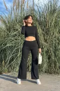 Siyah Crop Bluz-İspanyol Paça Pantolon Alt Üst Takım