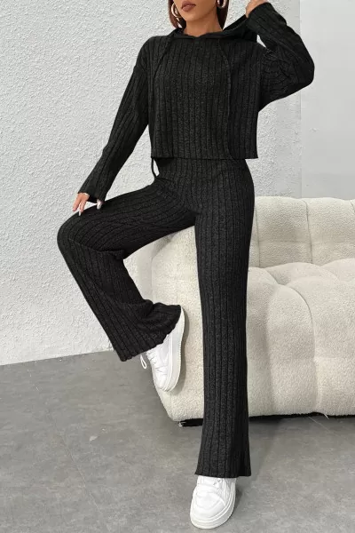 Siyah Crop Bluz Pantolon Alt Üst Takım