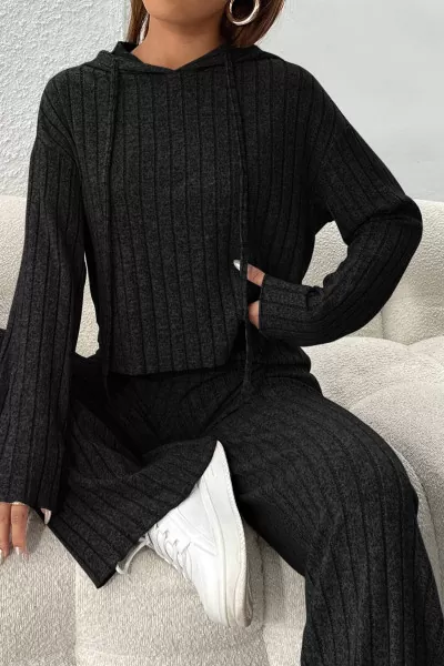 Siyah Crop Bluz Pantolon Alt Üst Takım